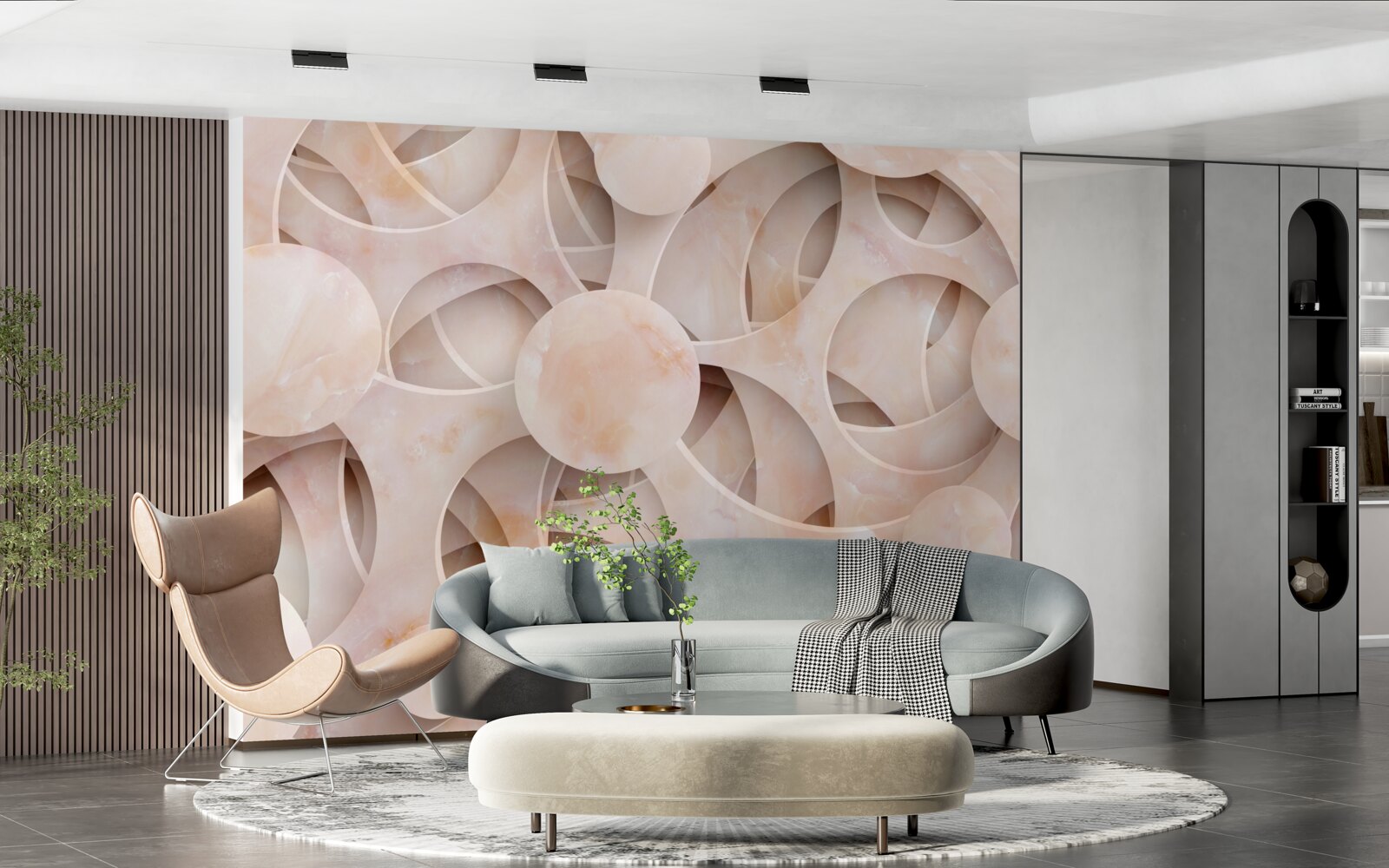 Papier peint formes arrondies et lignes courbes sur fond rose