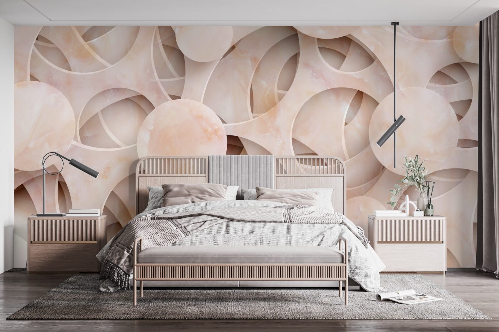 Papier peint formes arrondies et lignes courbes sur fond rose
