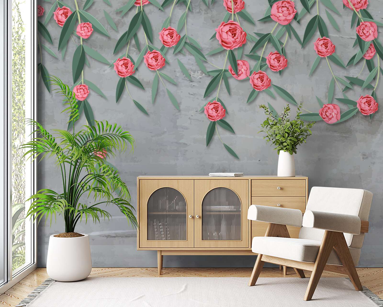 Papier peint nocturne floral en rose