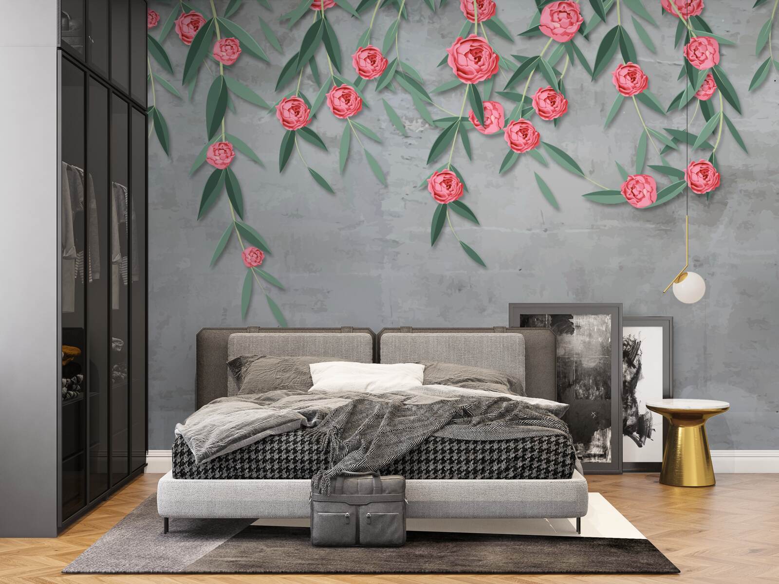 Papier peint nocturne floral en rose
