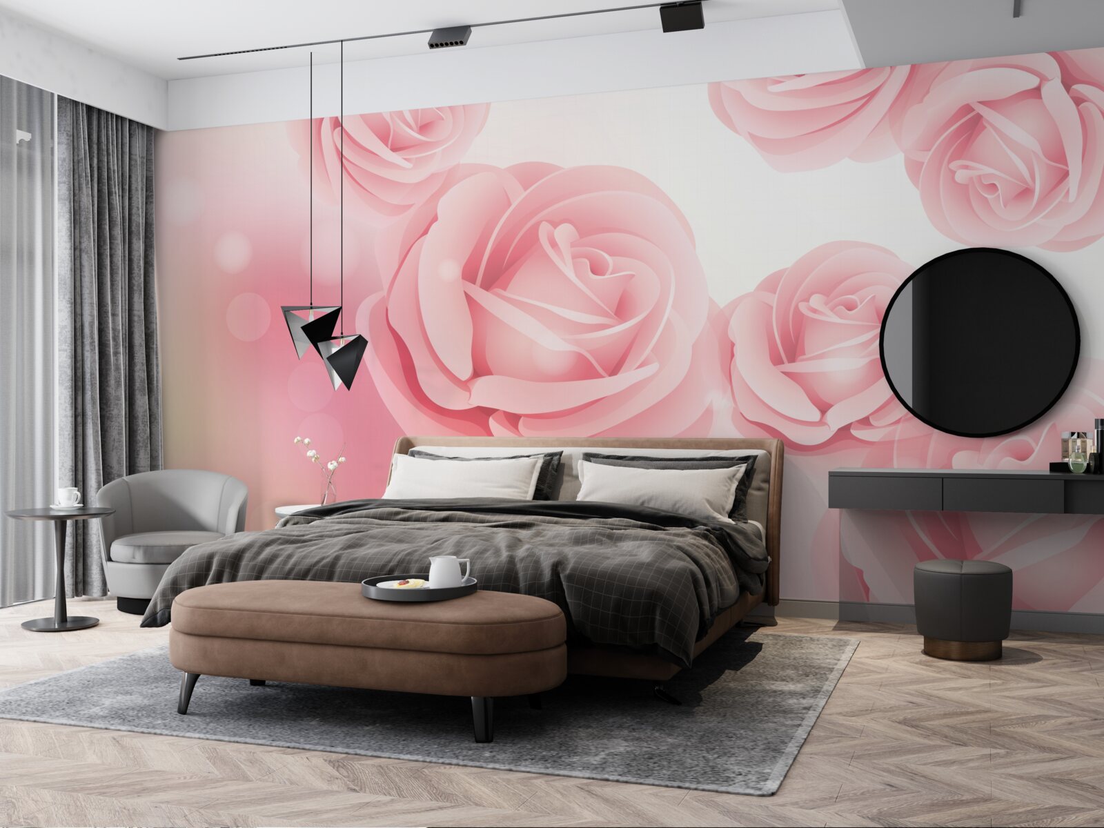Papier peint fleurs roses douces dans une nuance de rose