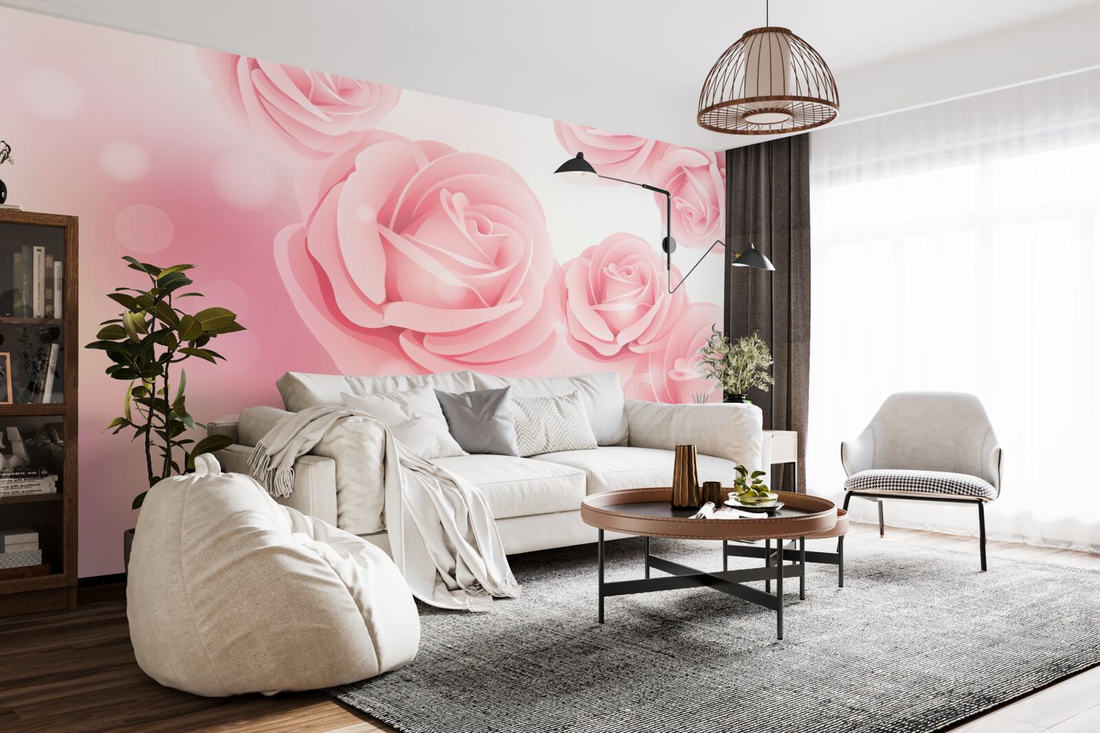 Papier peint fleurs roses douces dans une nuance de rose