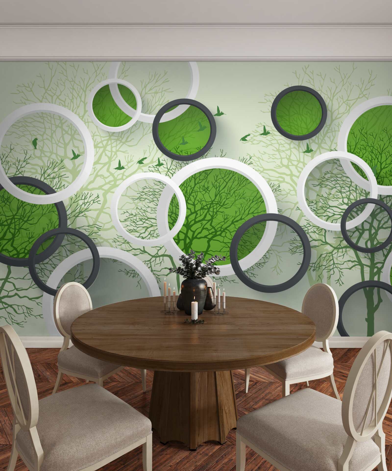 Papier peint les arbres tombés servent de toile de fond aux cercles blancs et verts