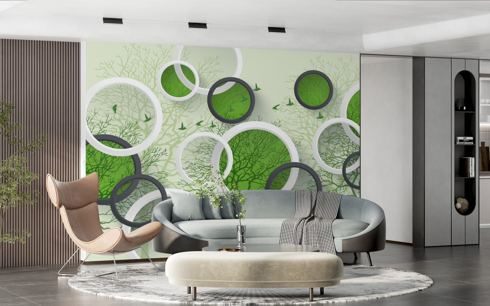 Papier peint les arbres tombés servent de toile de fond aux cercles blancs et verts