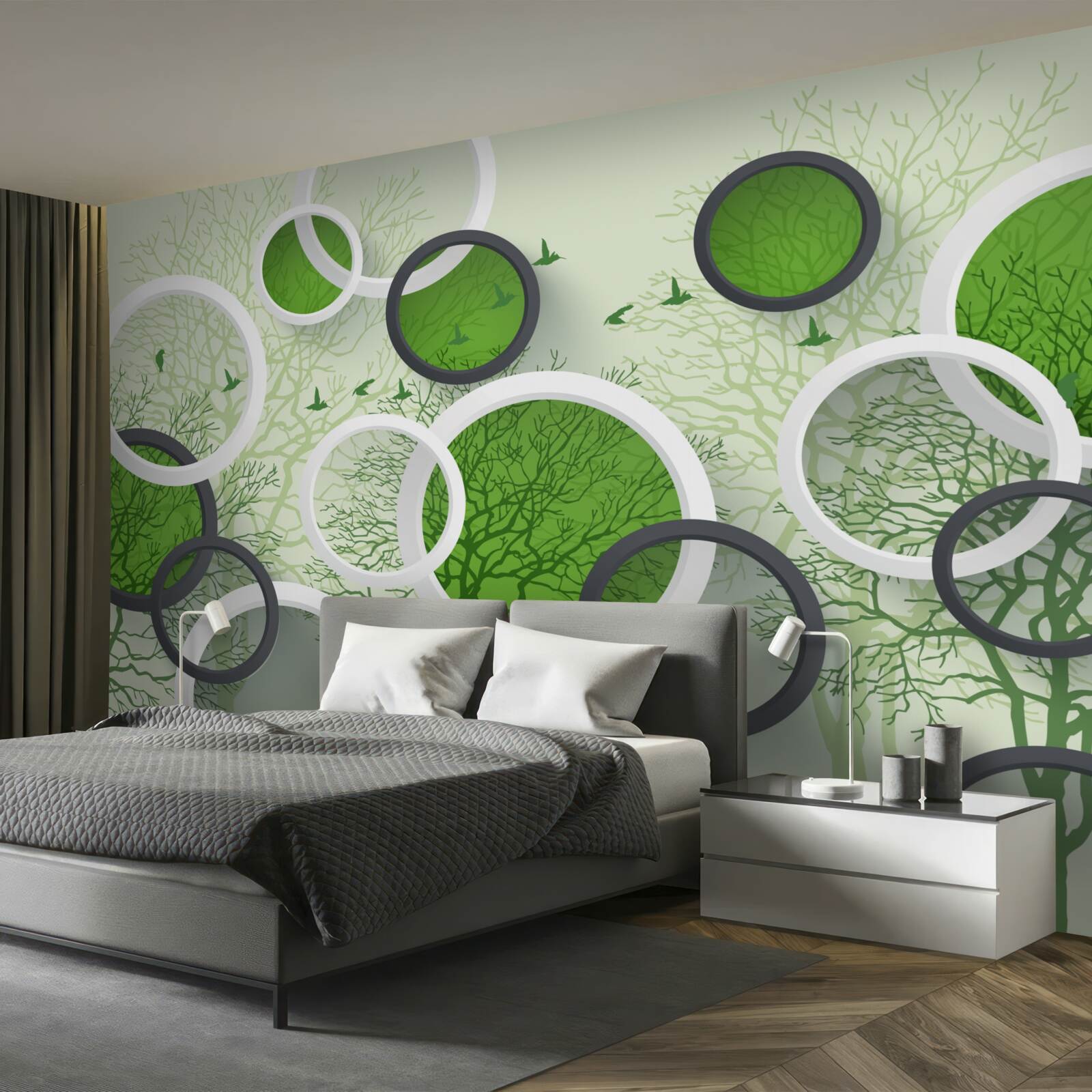 Papier peint les arbres tombés servent de toile de fond aux cercles blancs et verts