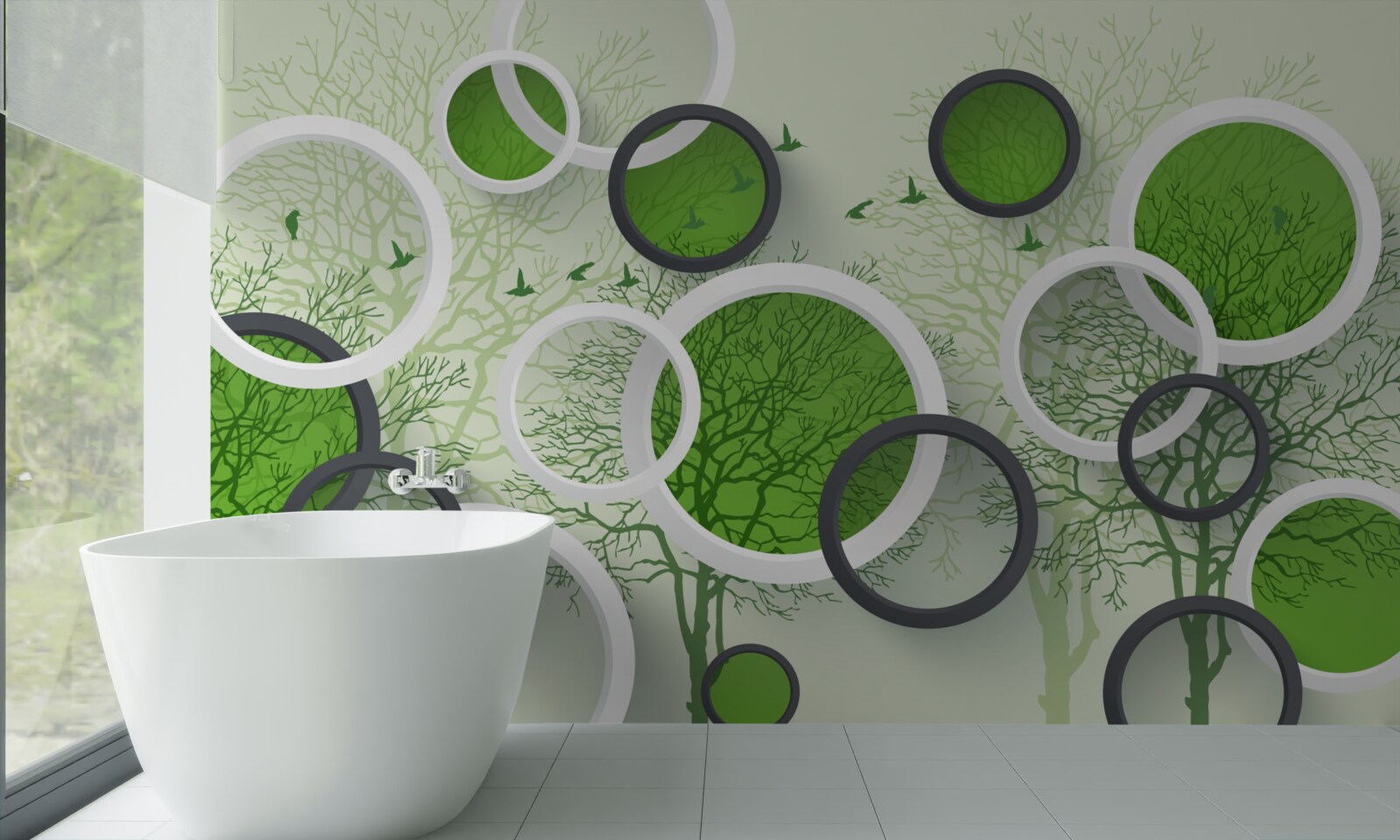 Papier peint les arbres tombés servent de toile de fond aux cercles blancs et verts