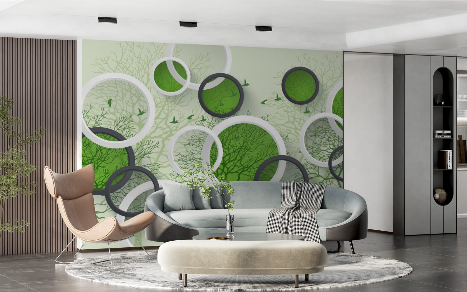 Papier peint les arbres tombés servent de toile de fond aux cercles blancs et verts