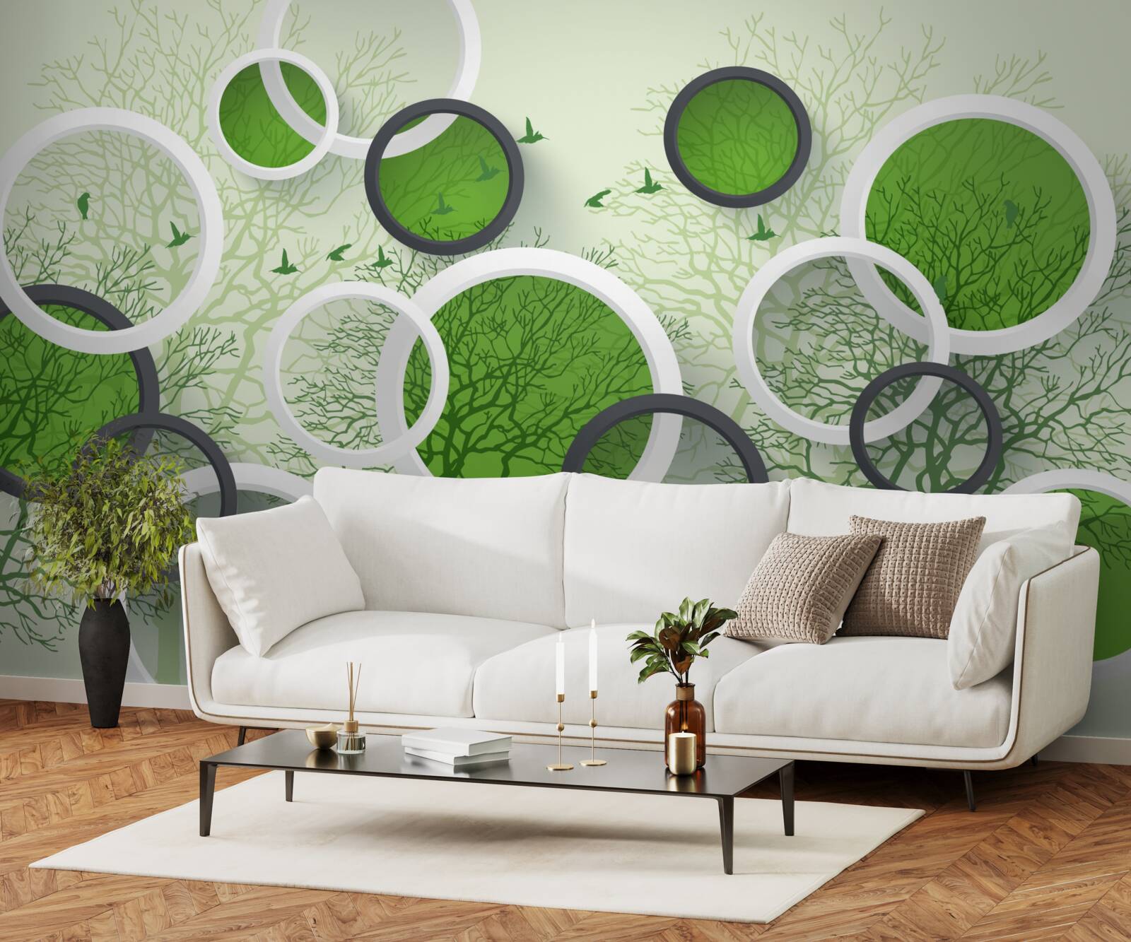 Papier peint les arbres tombés servent de toile de fond aux cercles blancs et verts