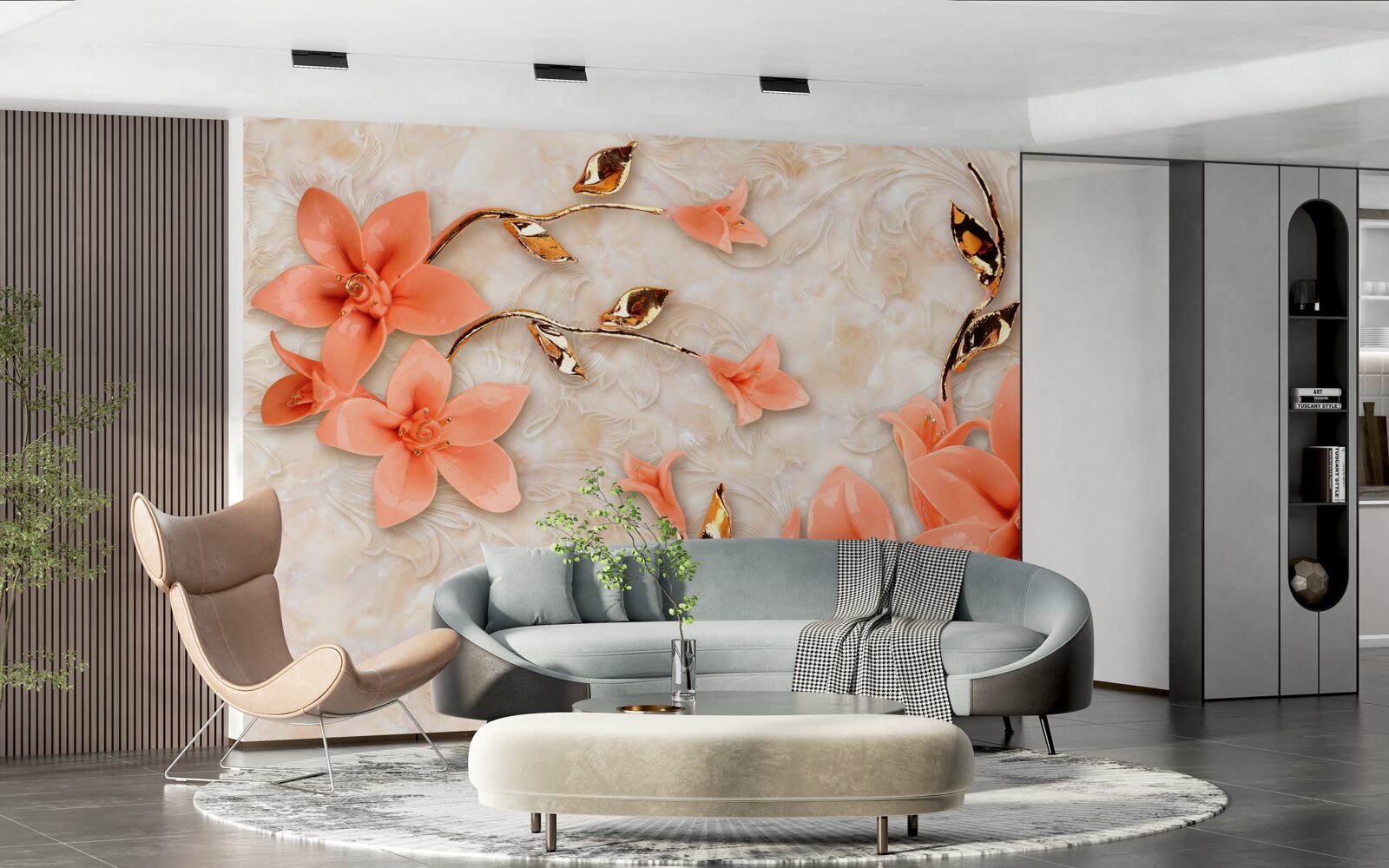 Papier peint magnolia en fleurs dans les tons de pêche