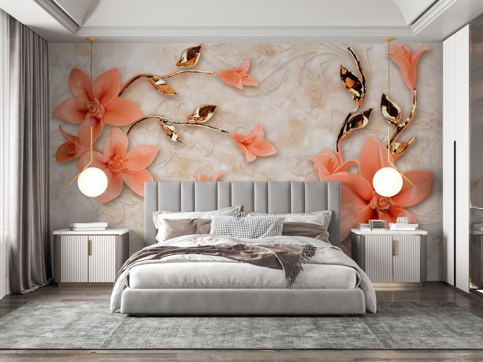Papier peint magnolia en fleurs dans les tons de pêche