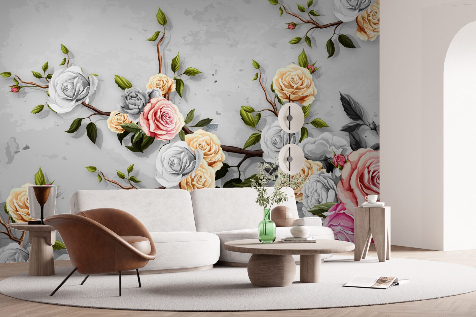 Papier peint branches roses en style vintage