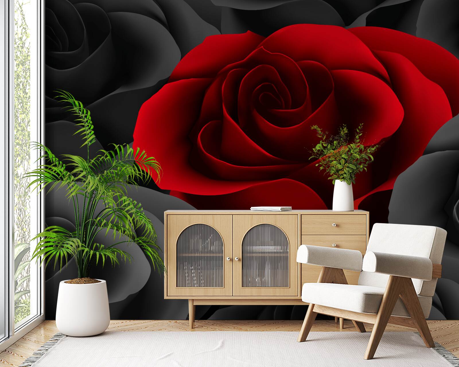 Papier peint une fleur colorée au milieu de la grisaille