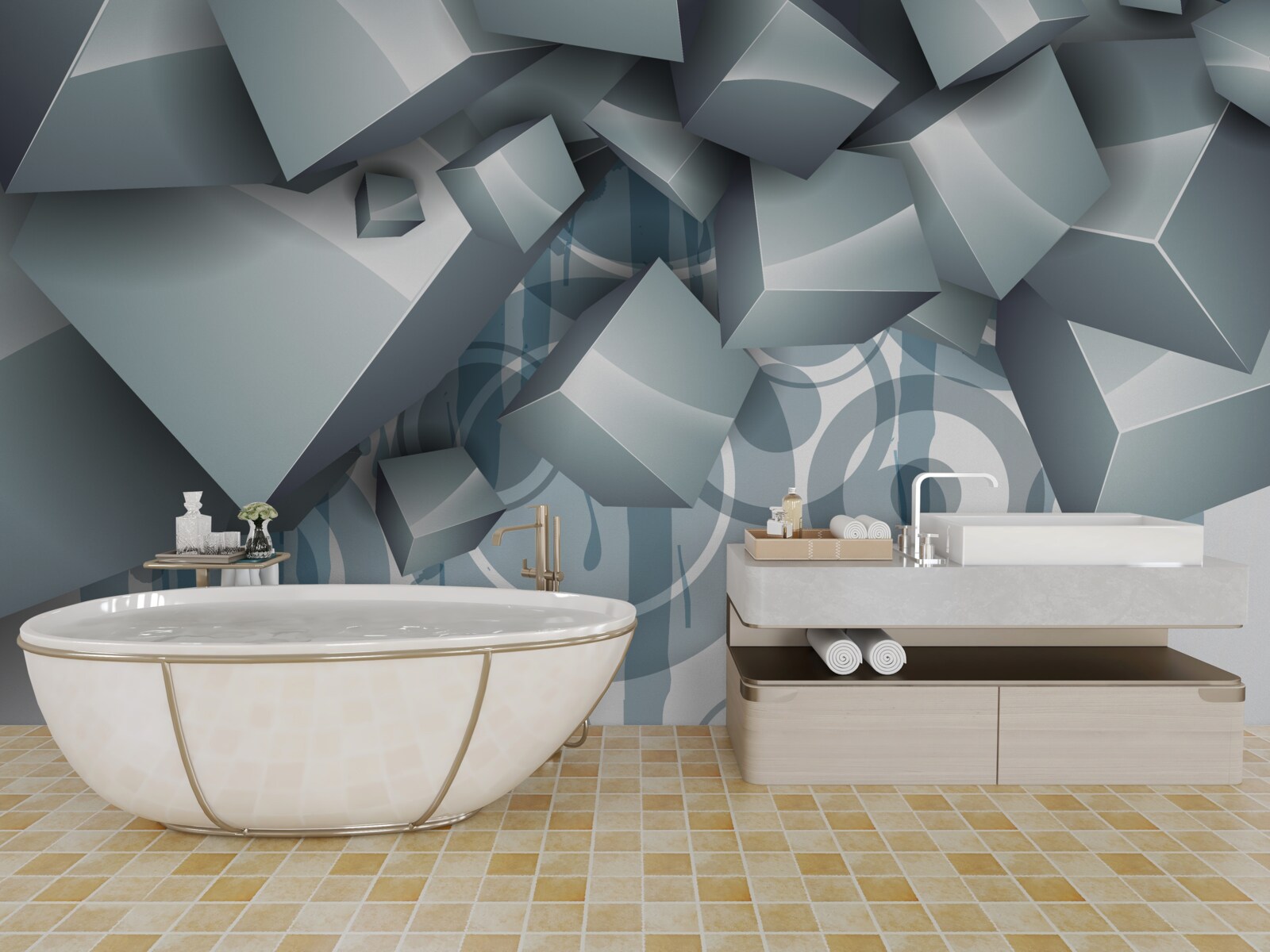 Papier peint cubes optiques gris