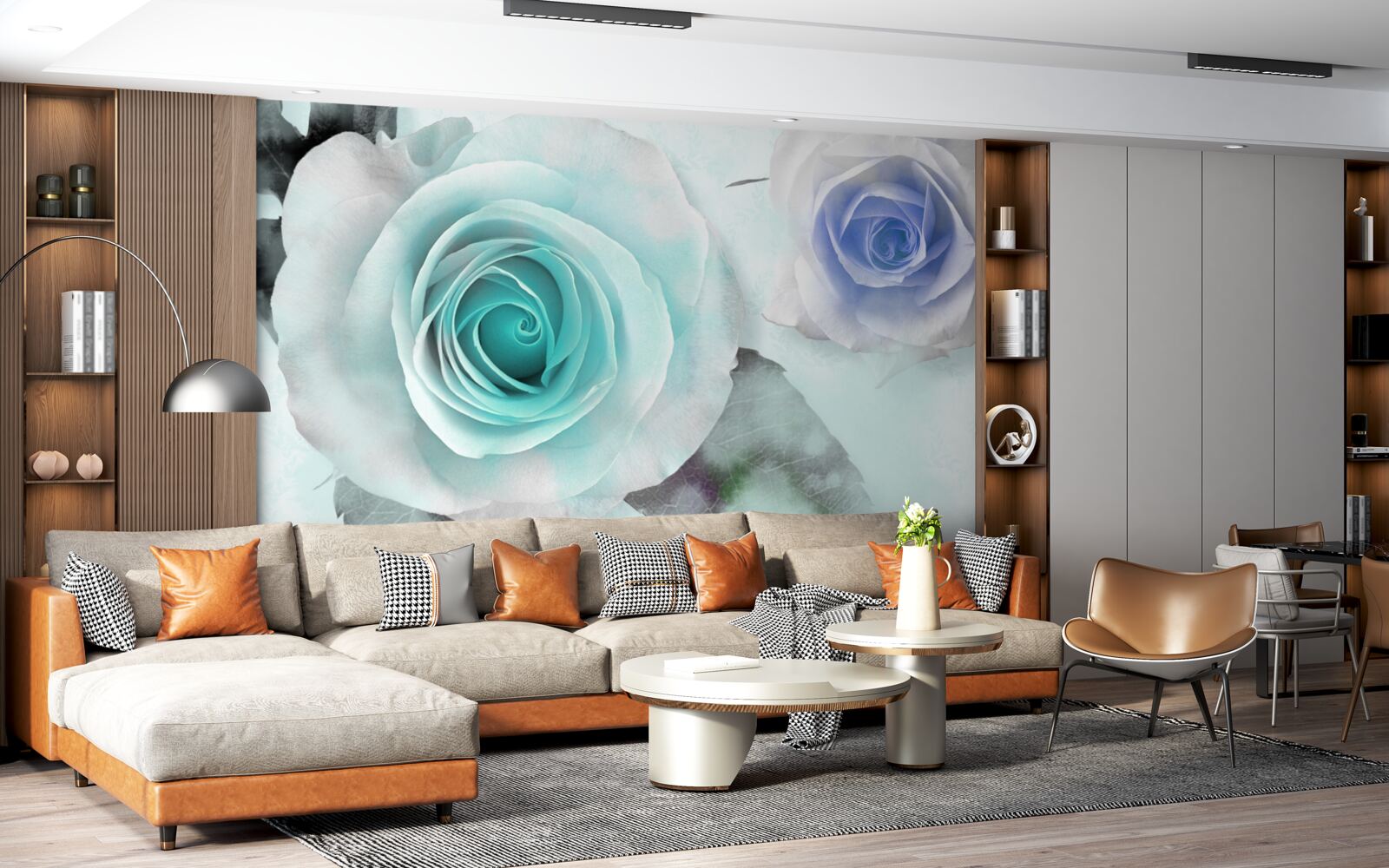 Papier peint roses dans les tons de bleu et de vert