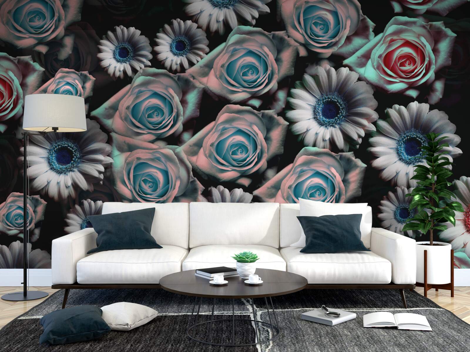 Papier peint gerberas et roses sur fond noir