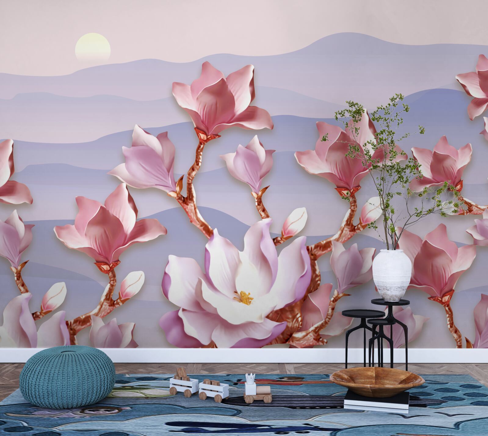 Papier peint bourgeons de magnolia roses contre l'aube d'un jour mourant