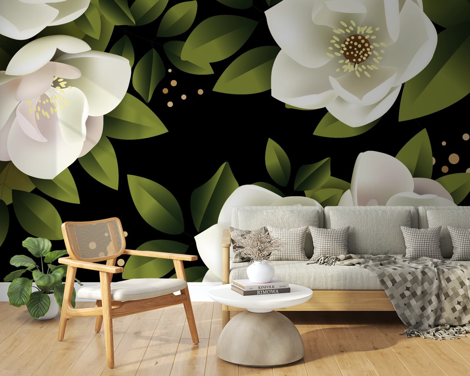 Papier peint un fond noir entoure des fleurs blanches