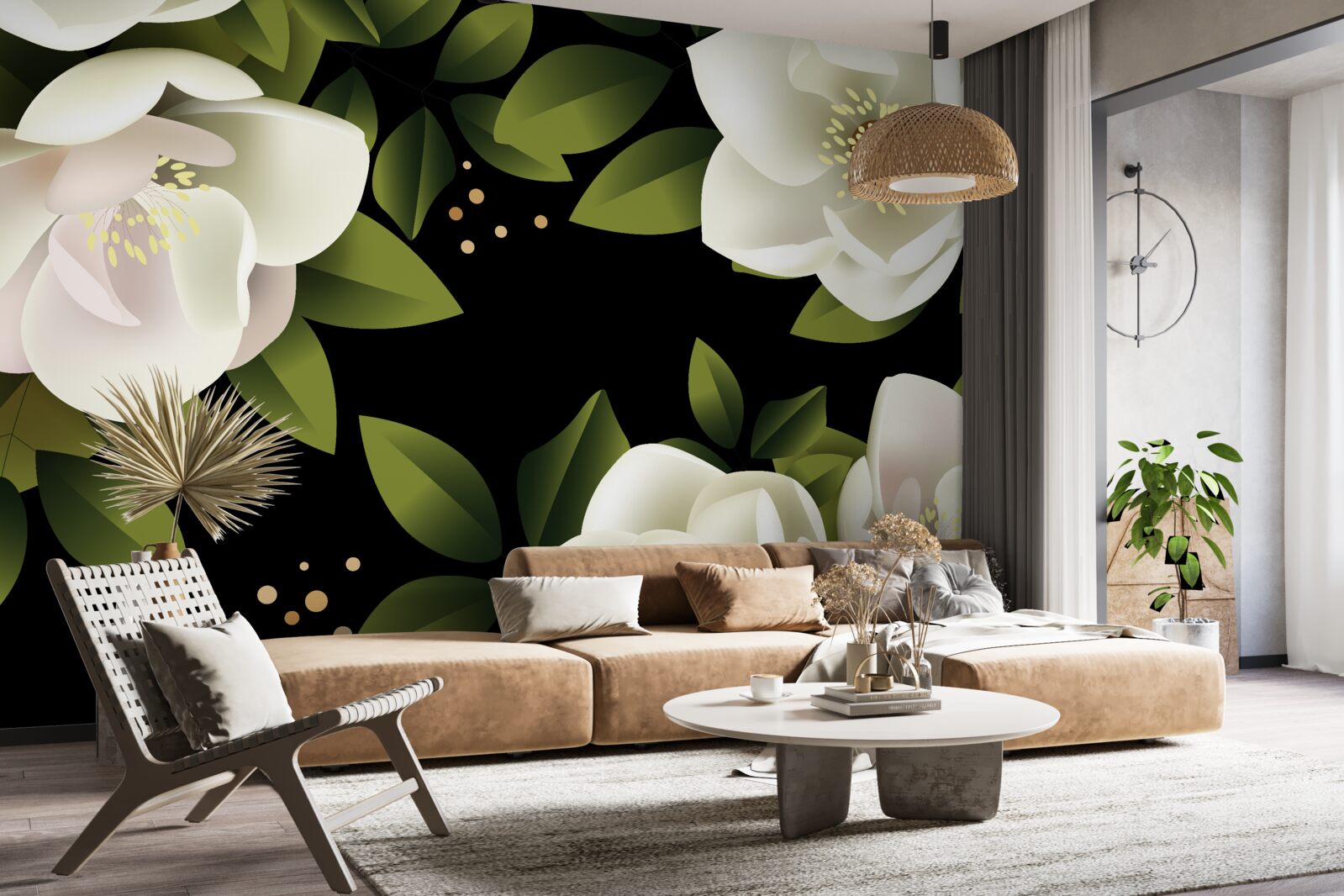 Papier peint un fond noir entoure des fleurs blanches