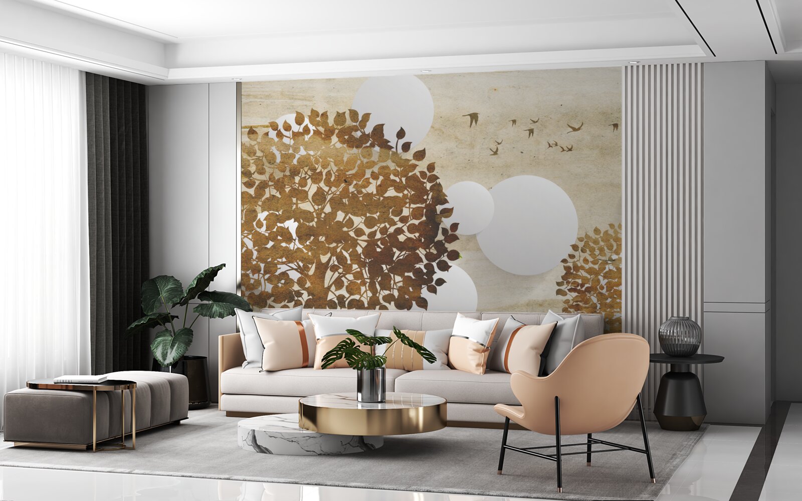 Papier peint cercles blancs et arbres dans un coucher de soleil d'automne