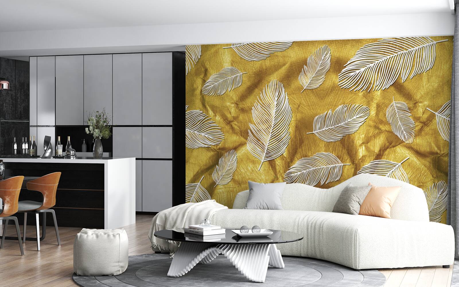 Papier peint fines plumes blanches sur fond d'or