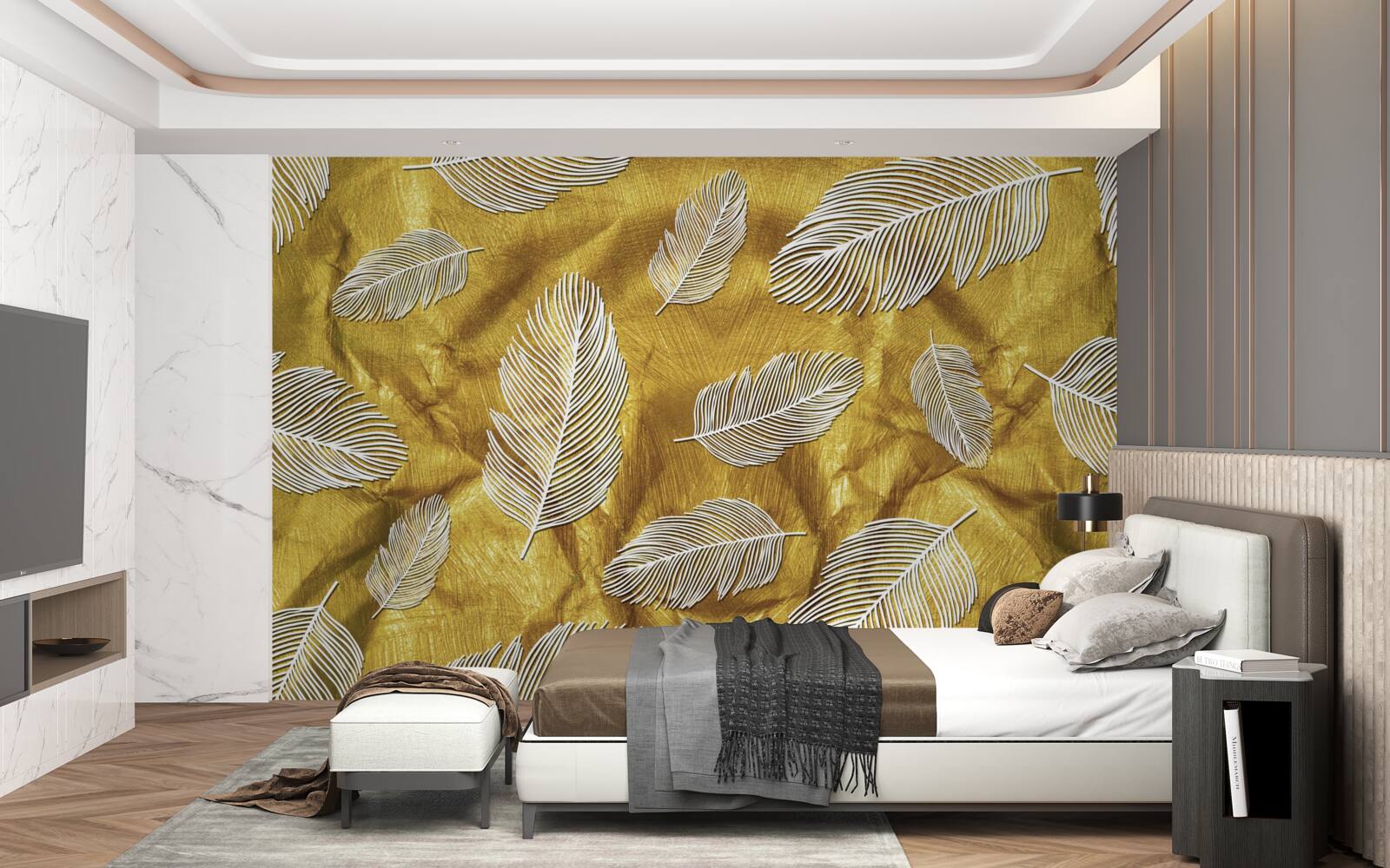 Papier peint fines plumes blanches sur fond d'or