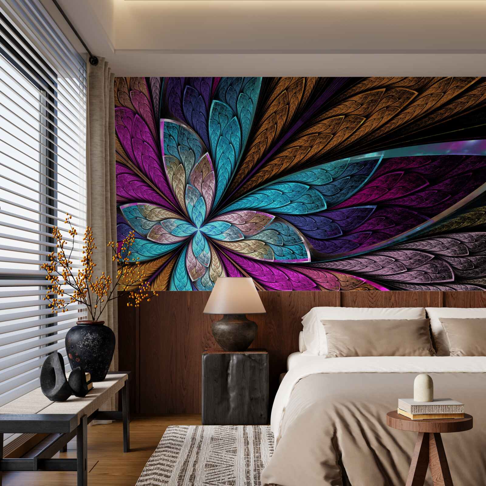 Papier peint mosaïque de pétales de fleurs créant un effet de vitrail