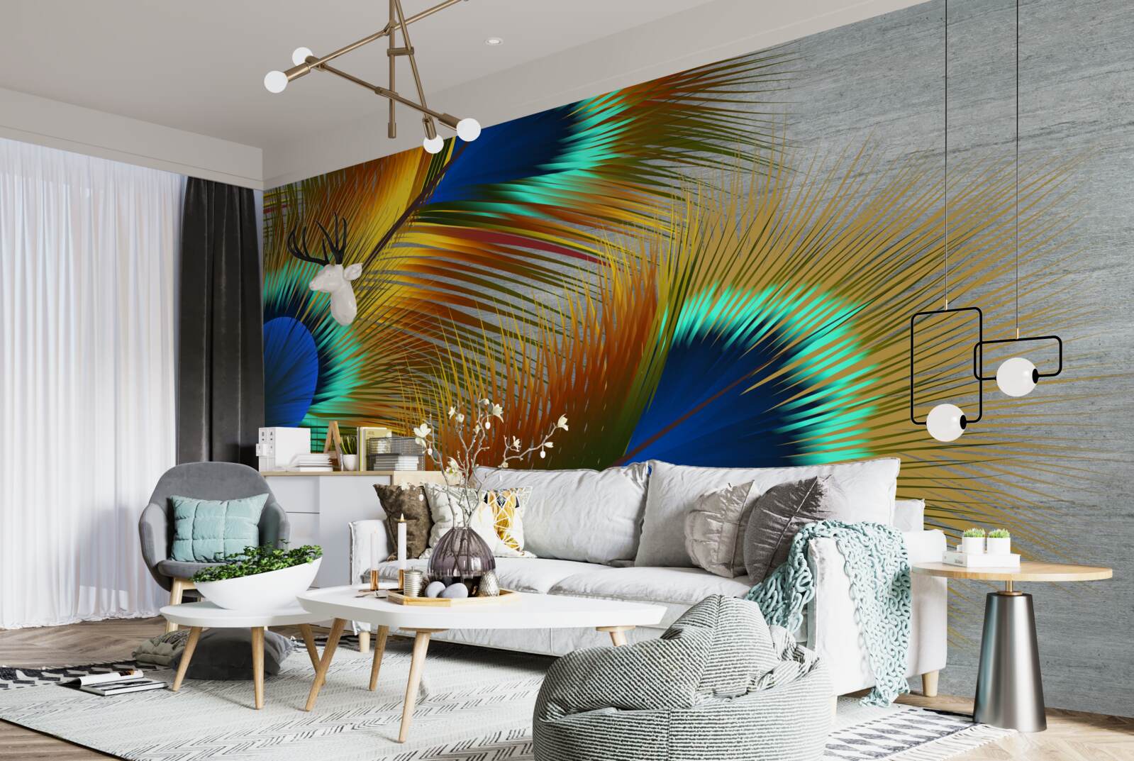 Papier peint plumes de paon luxuriantes