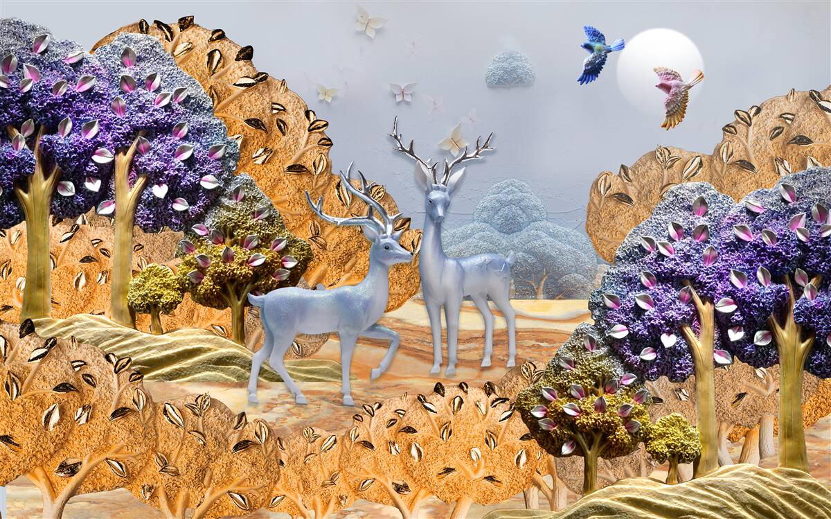 Papier peint forêt du soir en automne et deux cerfs