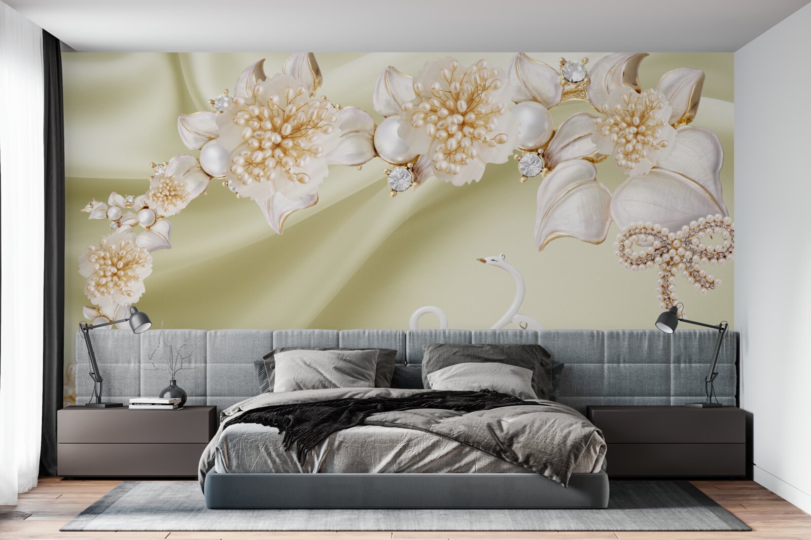 Papier peint les bourgeons décorés d'or et de perles s'épanouissent