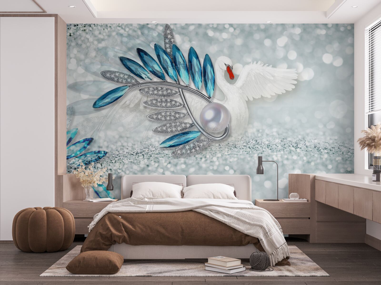 Papier peint bijoux en nacre et cygne blanc