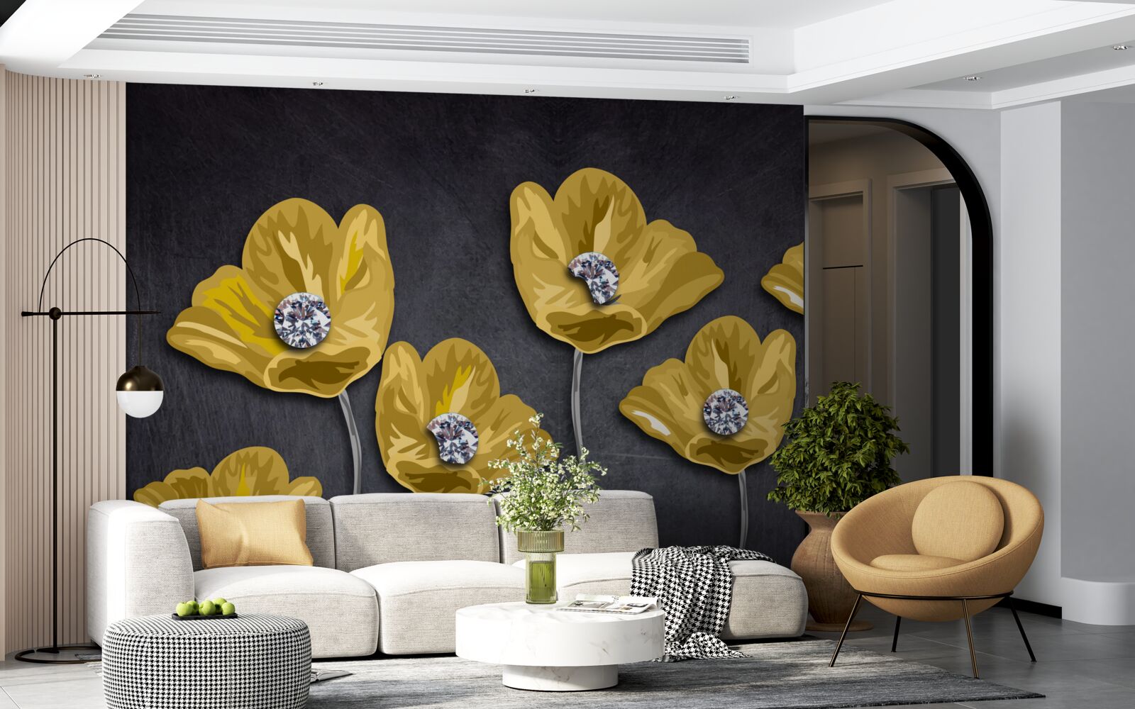 Papier peint Tulipes jaunes sur fond gris