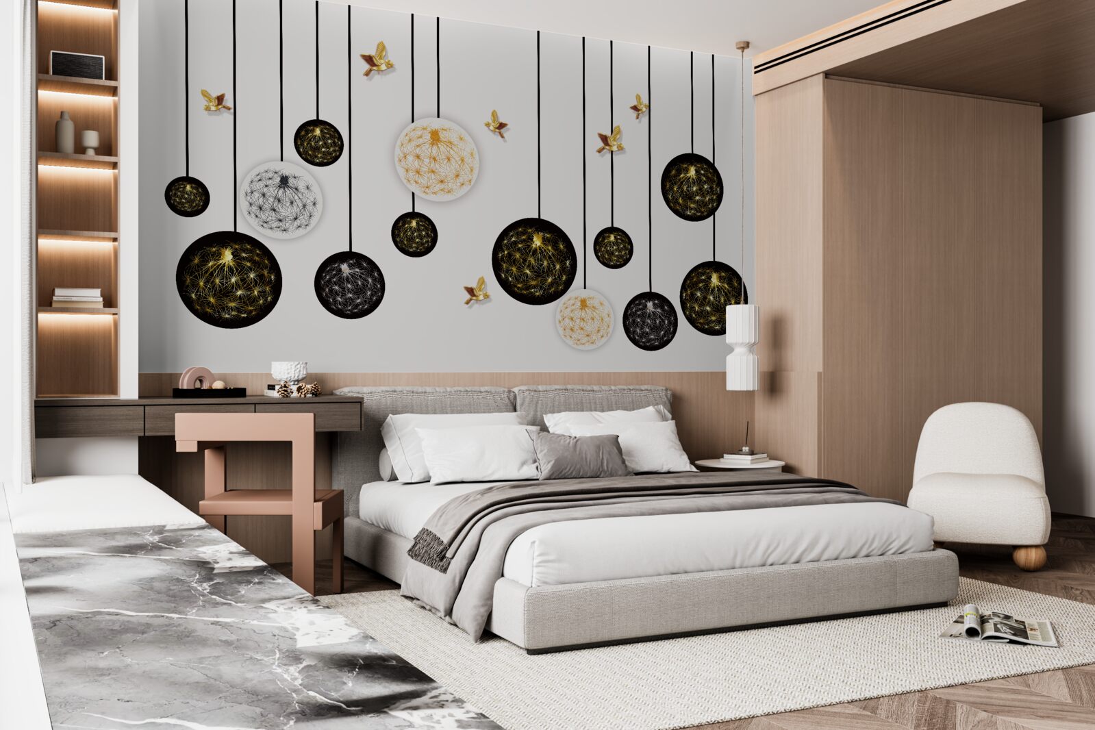Papier peint boules noires suspendues sur fond clair