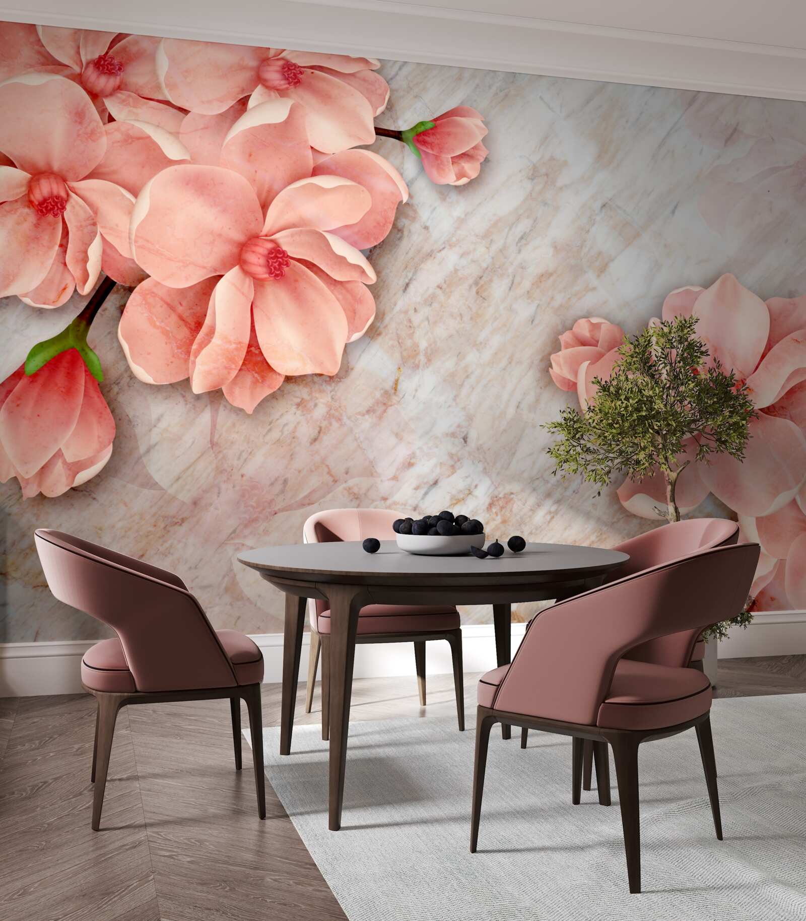 Papier peint magnolias à fleurs roses