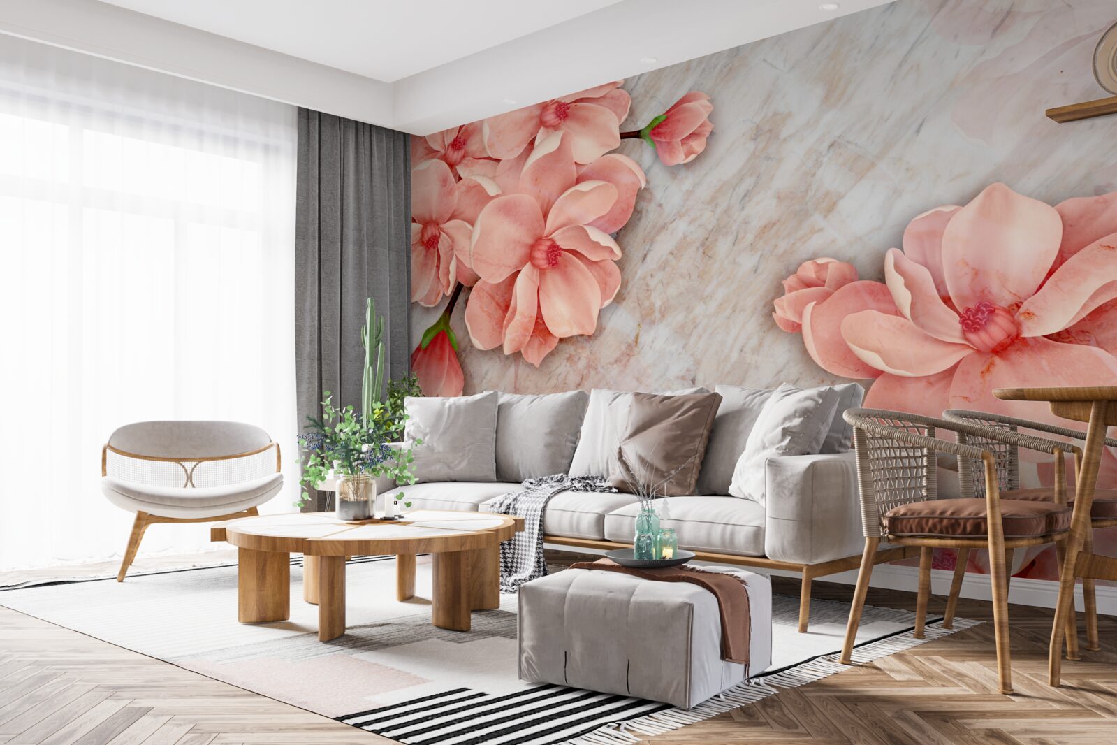 Papier peint magnolias à fleurs roses