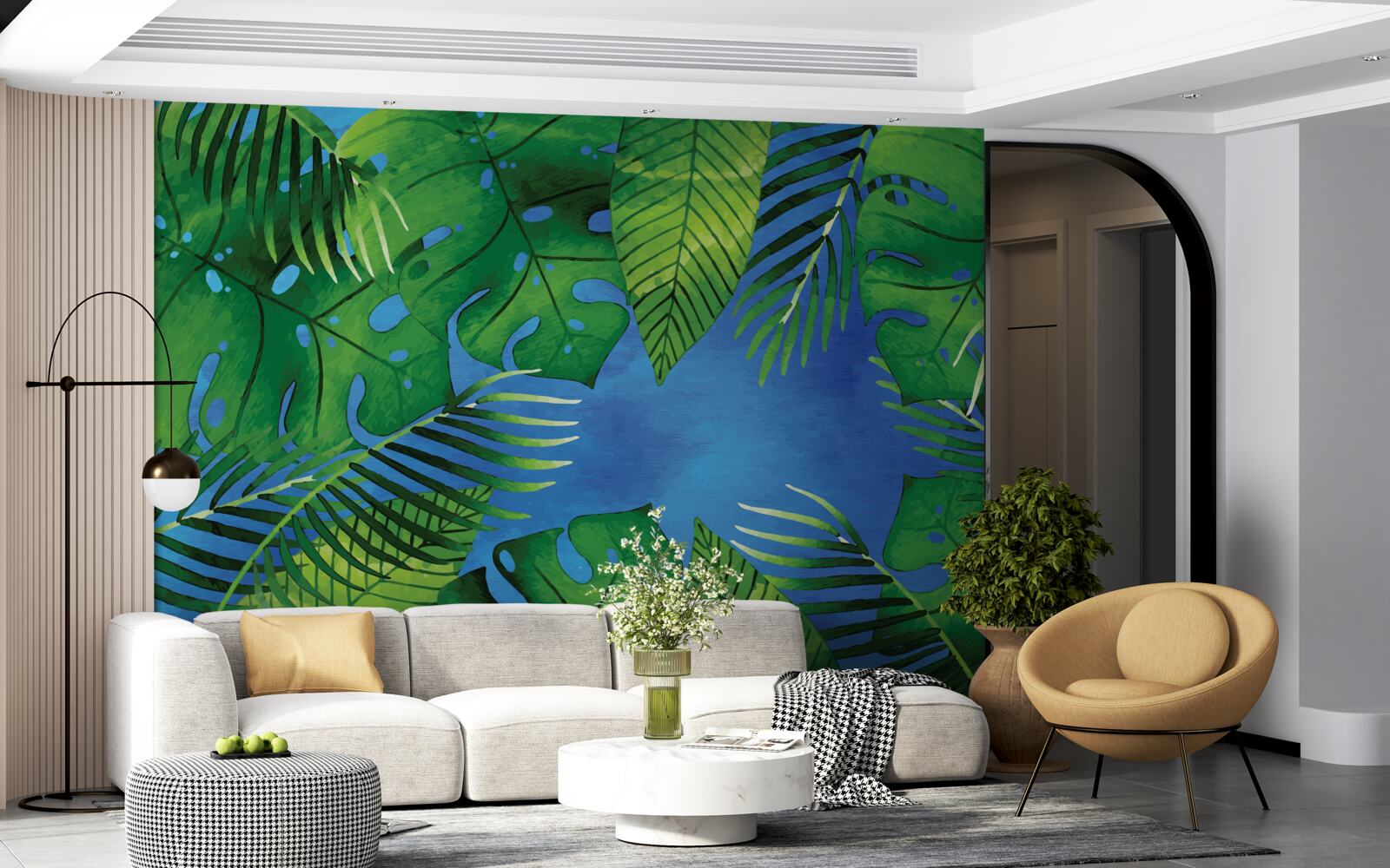 Papier peint les feuilles tropicales s'ouvrent sur un ciel bleu
