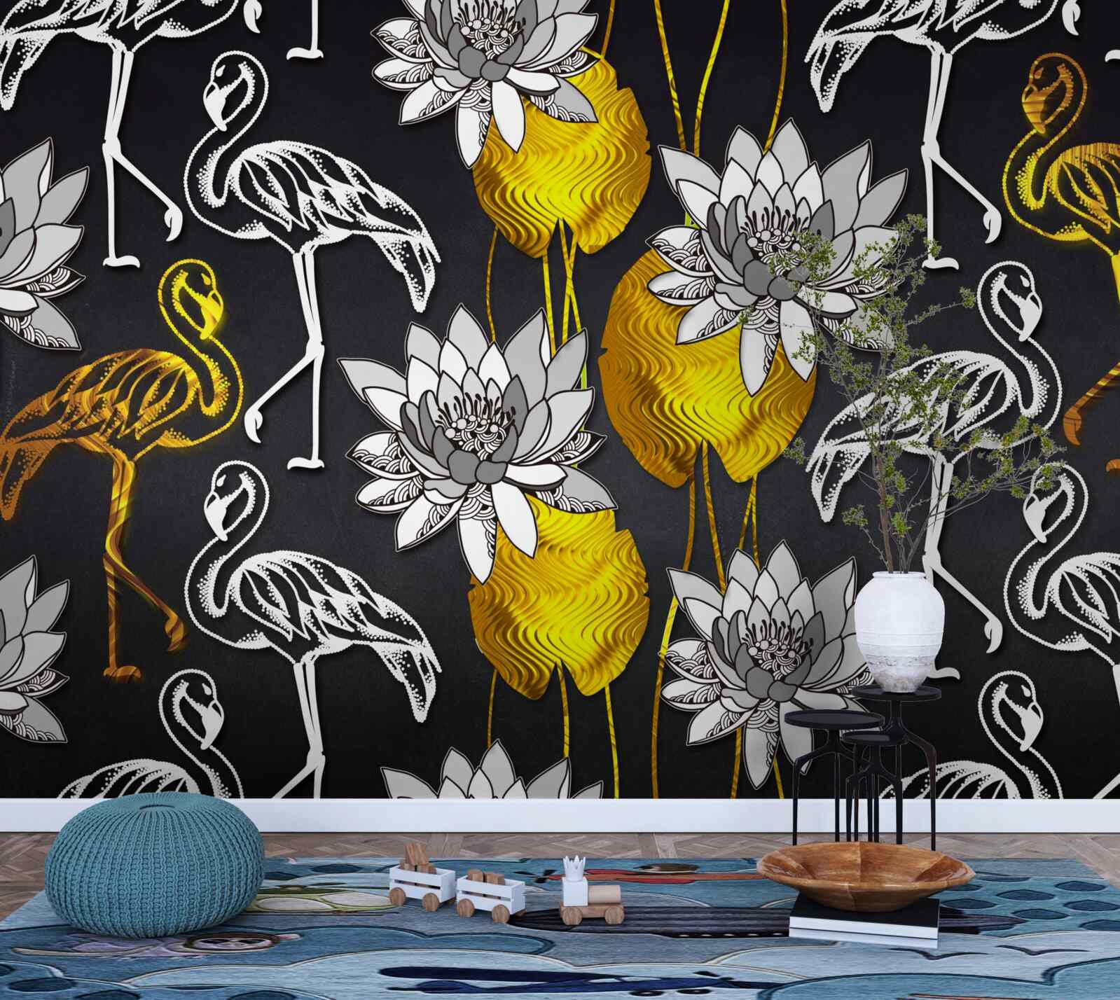 Papier peint plantes dorées et flamants blancs