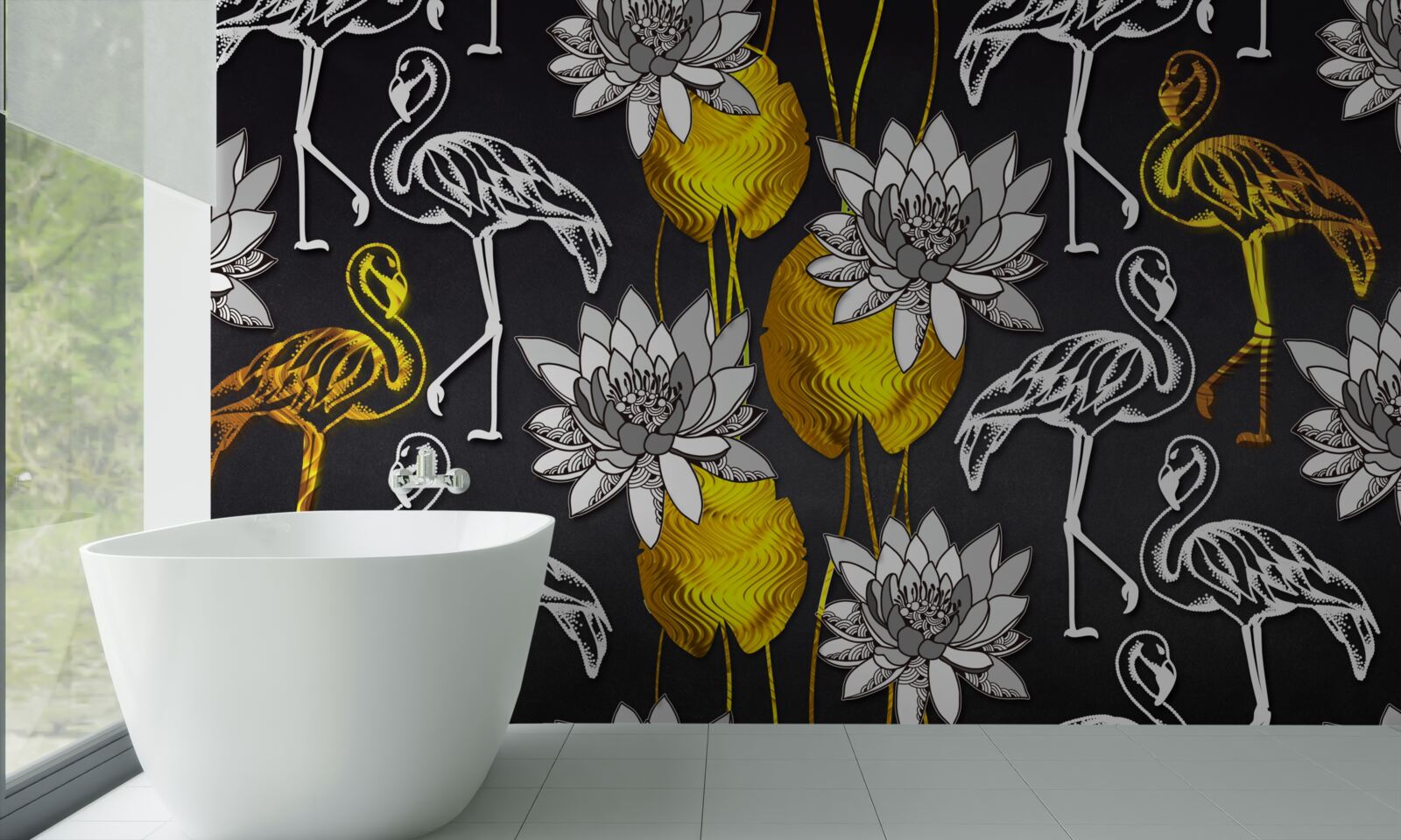 Papier peint plantes dorées et flamants blancs