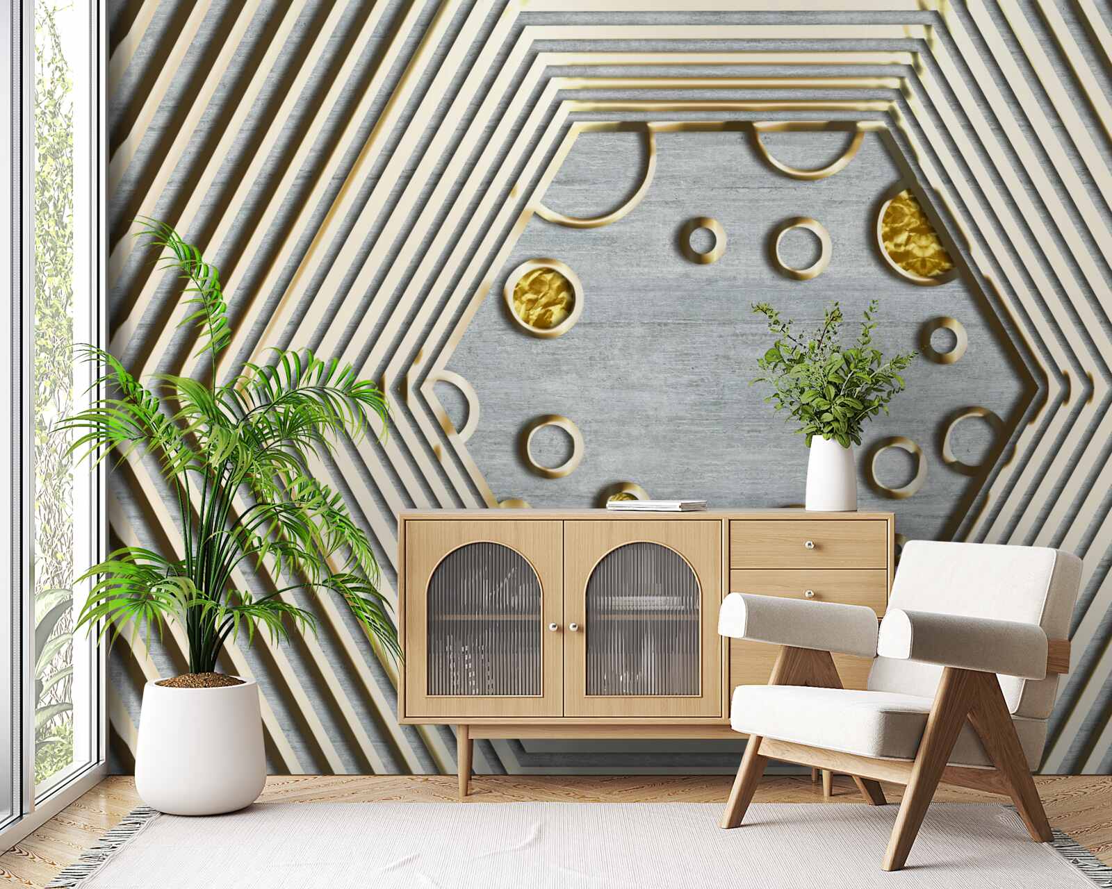 Papier peint hexagone argenté avec nuance dorée