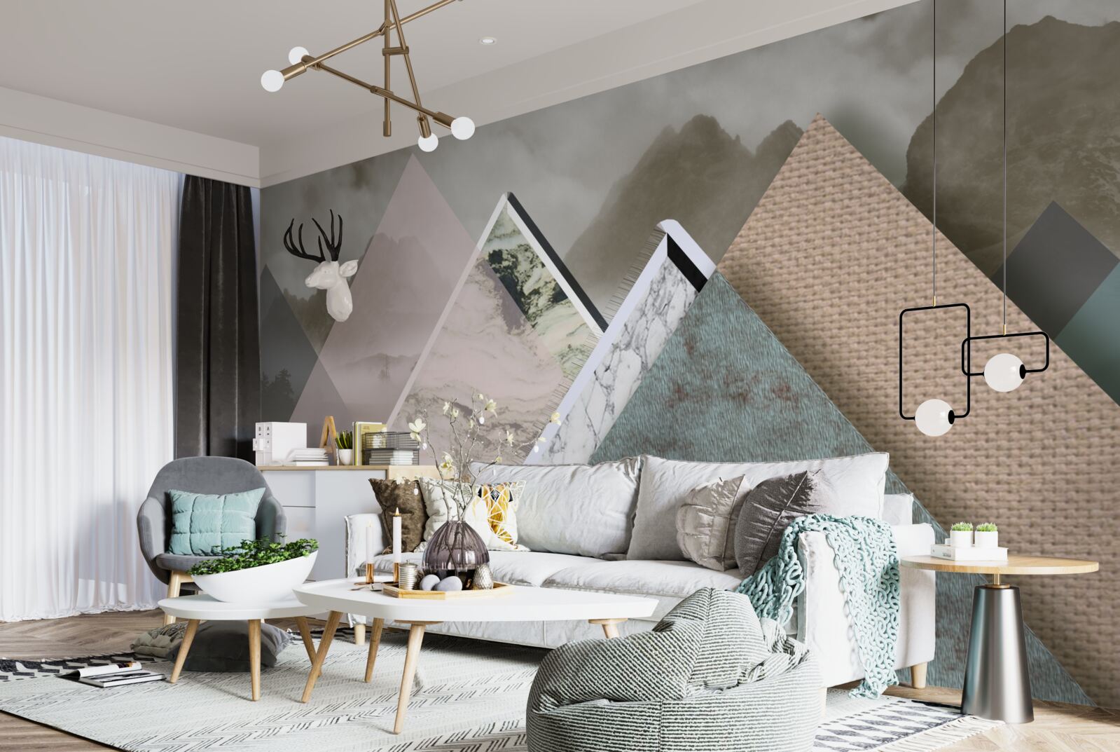 Papier peint triangles de différentes tailles représentant des montagnes colorées