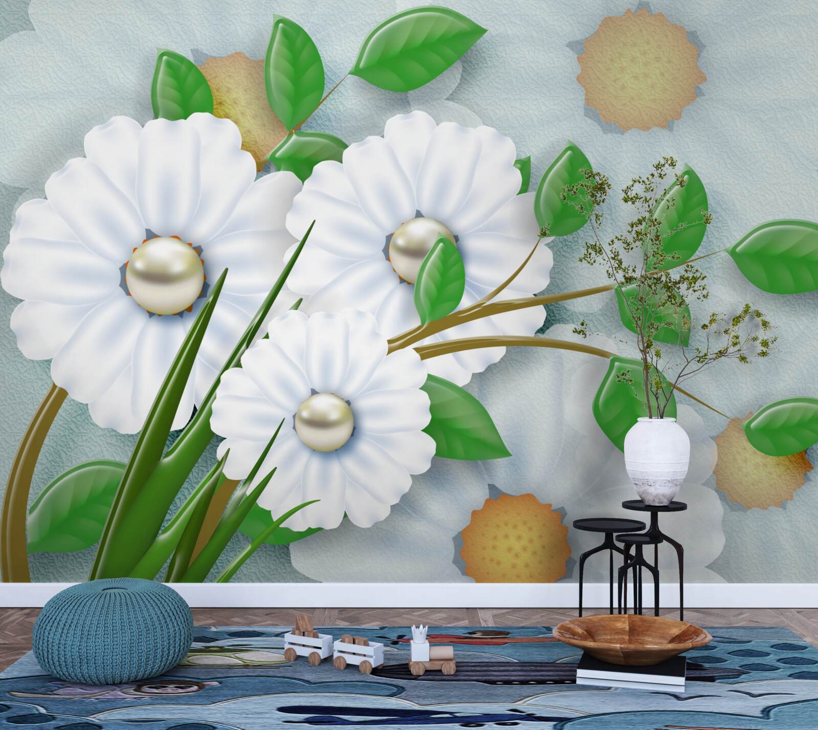 Papier peint Marguerites blanches avec cœurs en perles