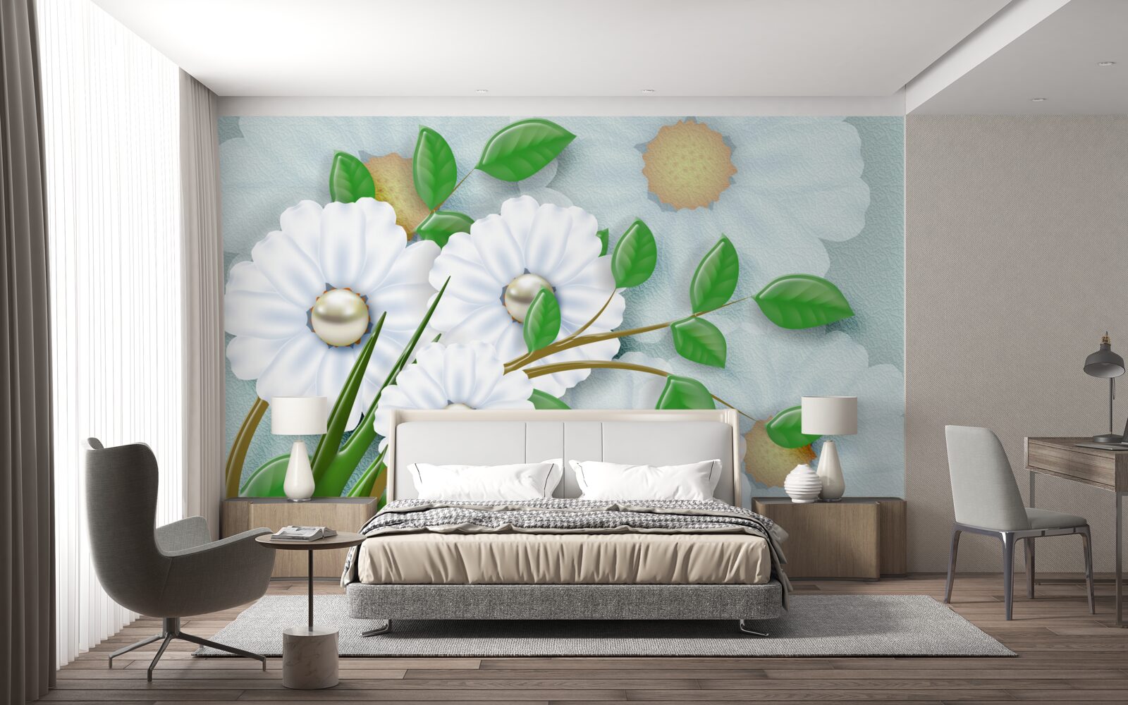 Papier peint Marguerites blanches avec cœurs en perles
