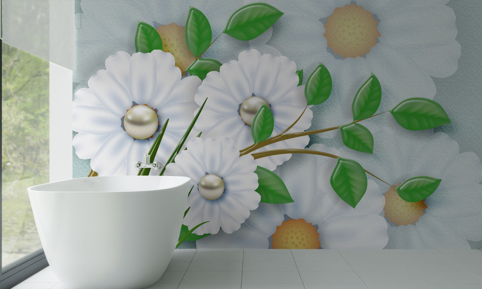 Papier peint Marguerites blanches avec cœurs en perles