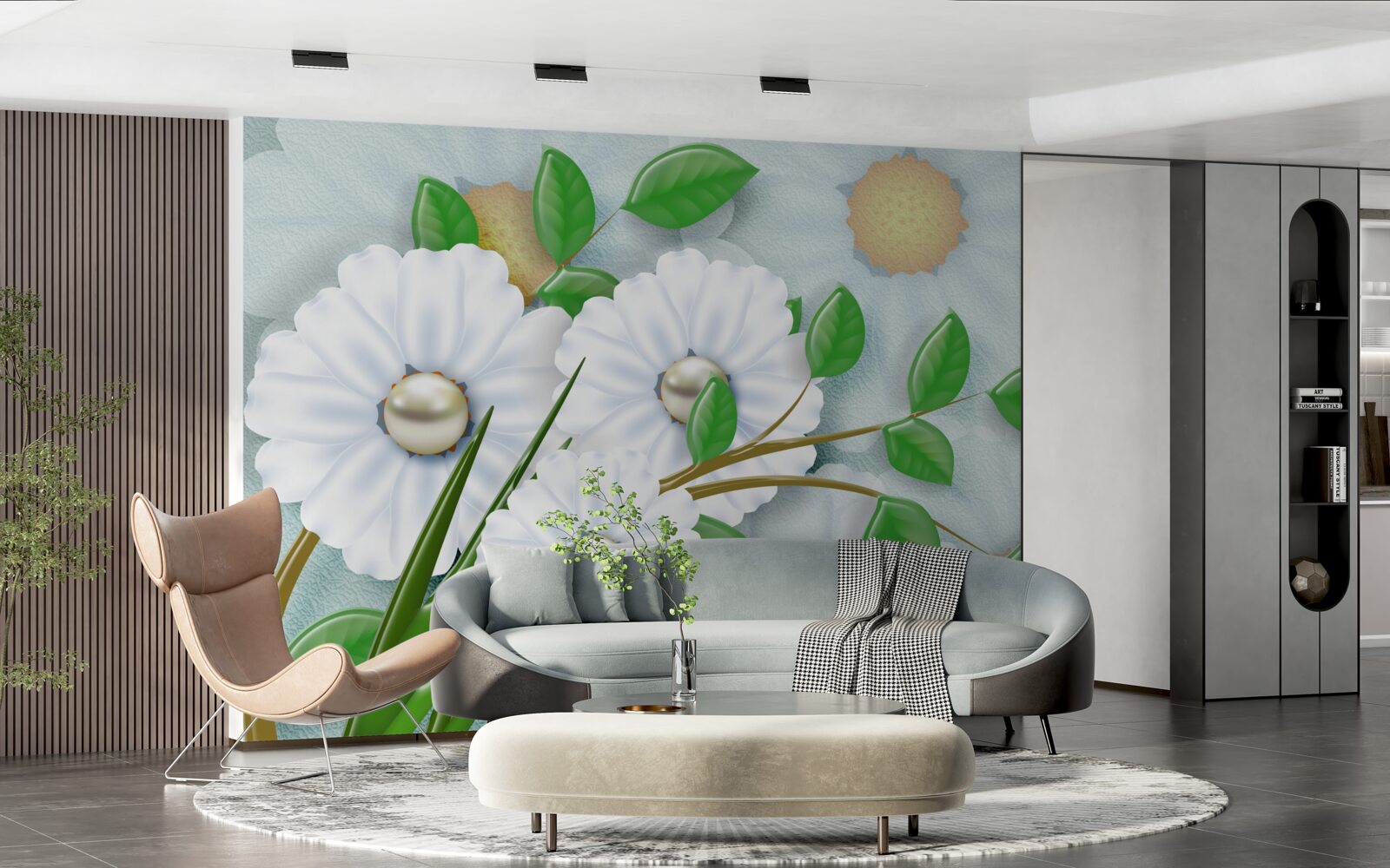 Papier peint Marguerites blanches avec cœurs en perles