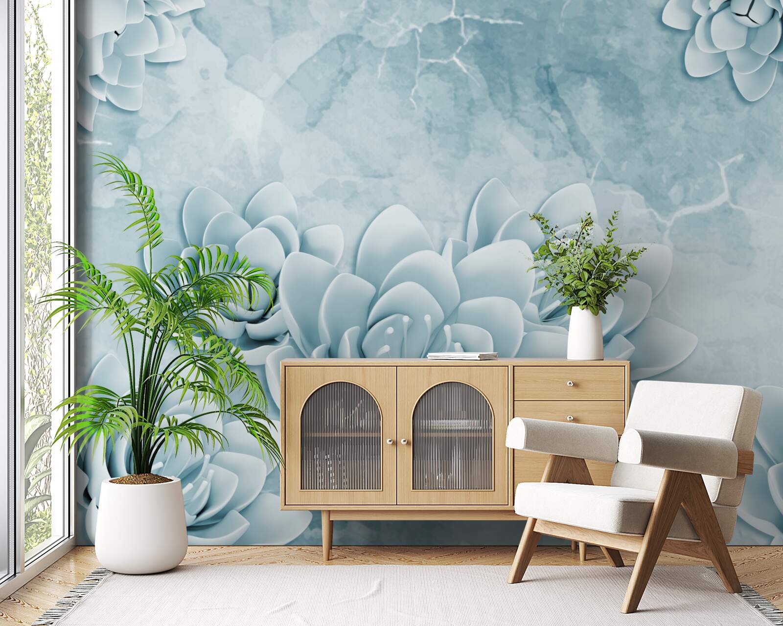 Papier peint fleurs avec une délicate teinte bleue