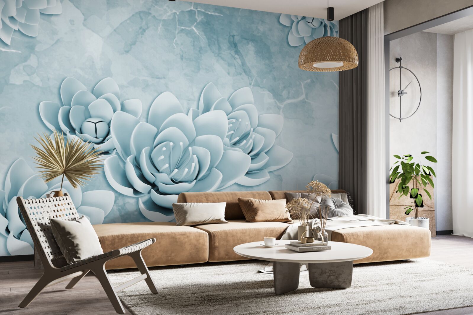 Papier peint fleurs avec une délicate teinte bleue