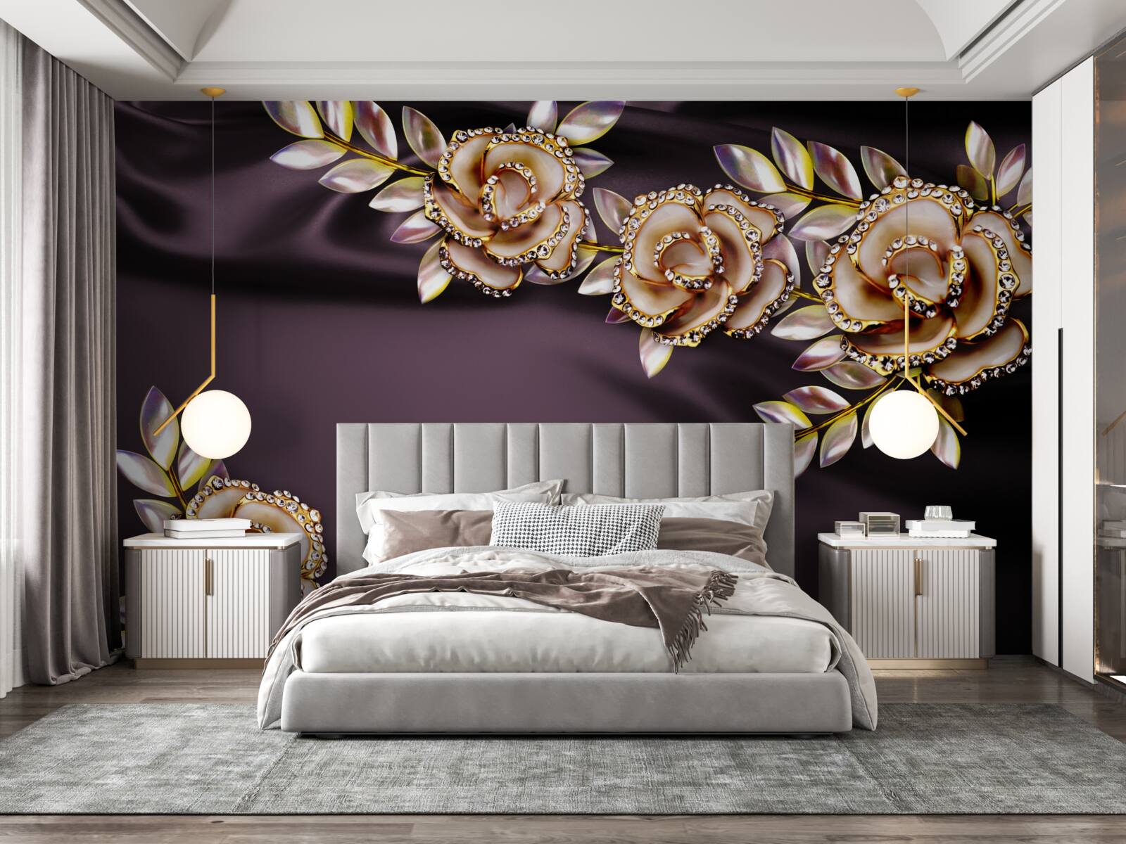 Papier peint roses en or avec des feuilles en guise de décoration