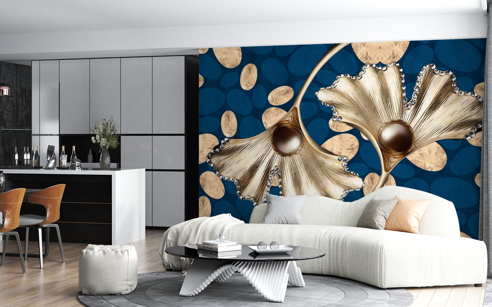 Papier peint le fond bleu est décoré de fleurs dorées