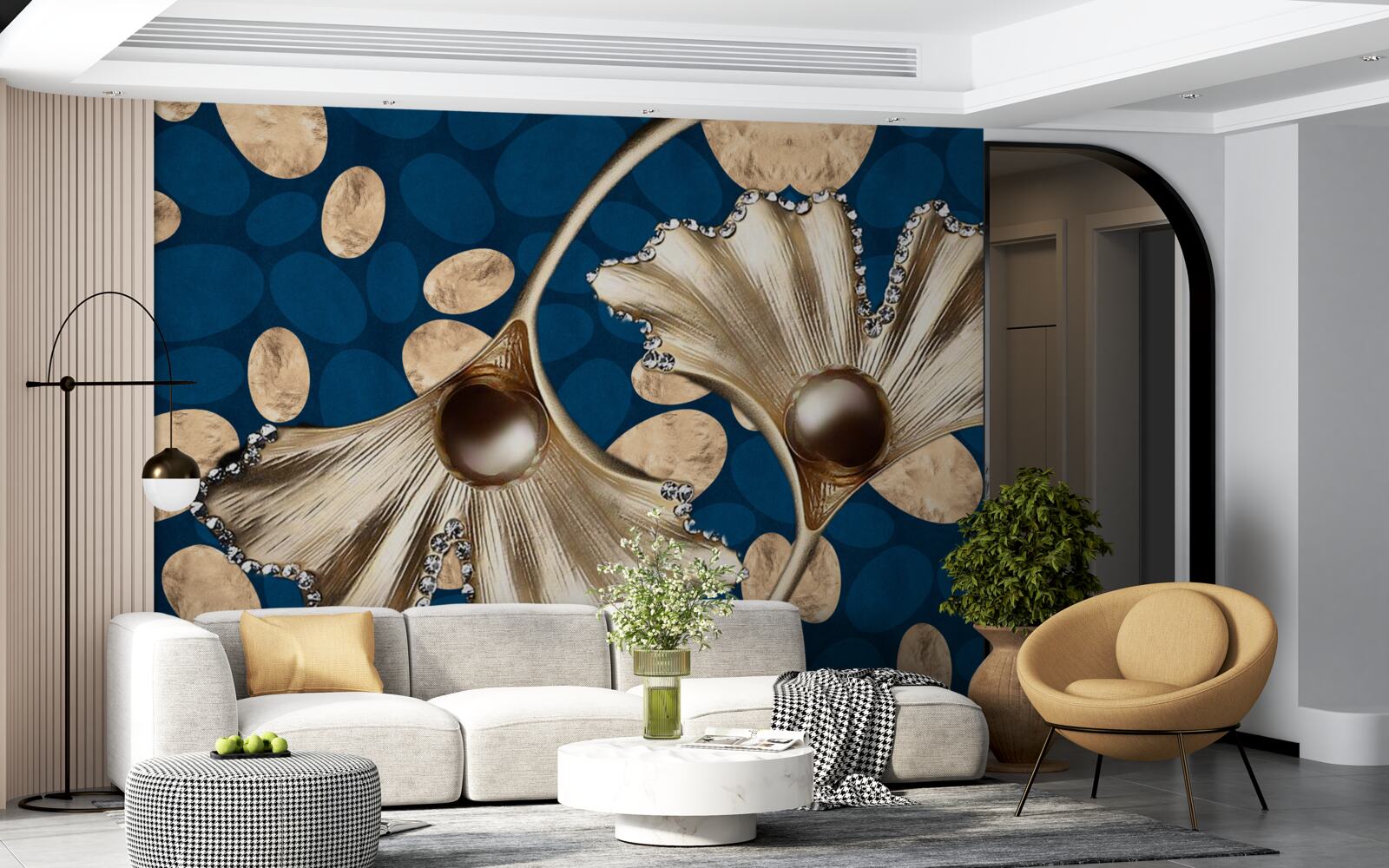 Papier peint le fond bleu est décoré de fleurs dorées