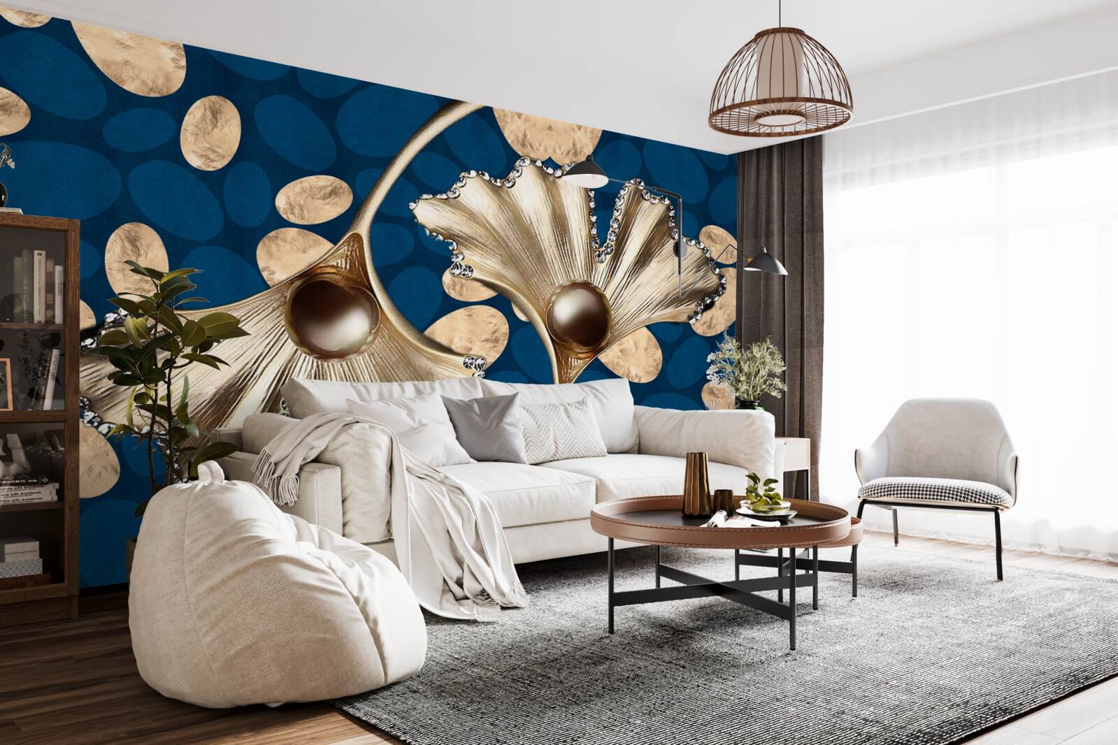Papier peint le fond bleu est décoré de fleurs dorées