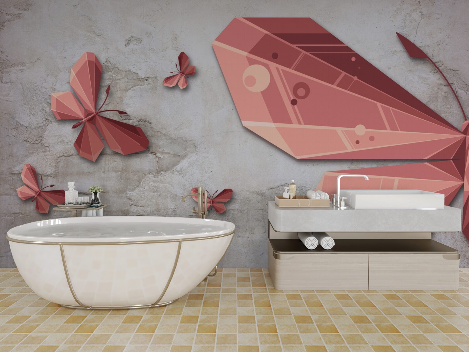 Papier peint papillon flottant dans les tons de rose